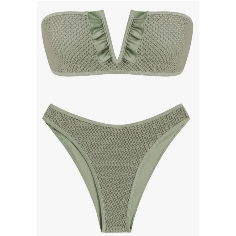 ZAFUL Women's Strapless Ribbed V Wired Lace Up Ruffle Tie High Cut Bandeau Swims